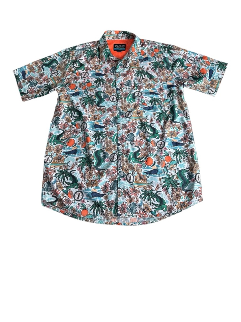 Scales Men’s Fish & Game Button Down Shirt. Size Large. Alligator, Oranges